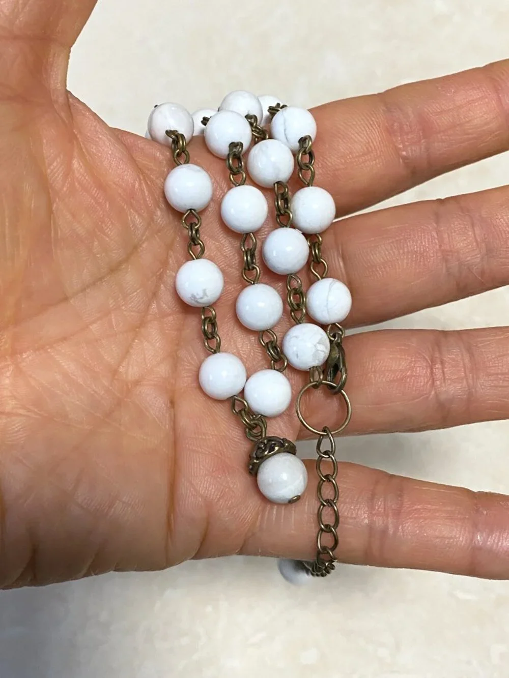 Genuine White Magnesite Short Necklace, Natural Gemstone & Bronze Acorn Pendant - Picture 13 of 13